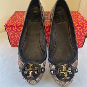 Tory Burch Elina Ballet Flat Tumbled Leather Women's Sz 7 Brown Beige Animal